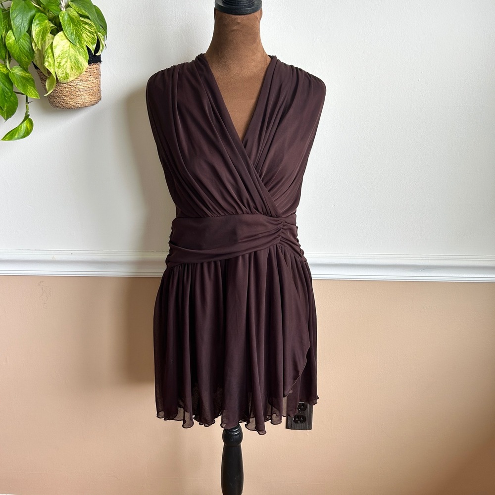 y2k Breakin Loose Brown Ruched Mini Dress Size 7/8 Mesh Overlay Halter Tie
